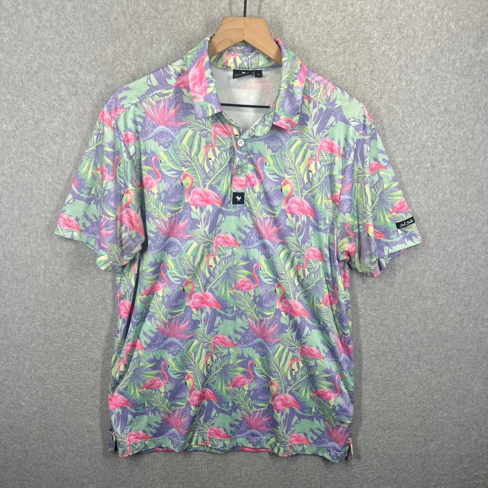 Bad Birdie Golf Polo Shirt Mens L Multi Flamingo Tropical Floral Short Sleeve